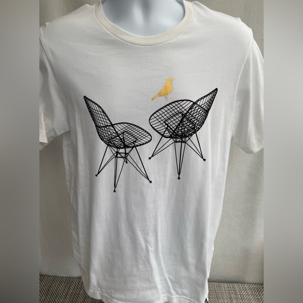 SPRZNY Men's White Tee with Black Wire Chairs and Gold Bird Graphic